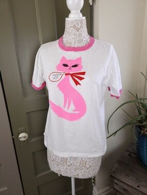 Cosmo's Boutique Vintage 80s Pink Retro Cat Stroke Me Ringer Shirt L